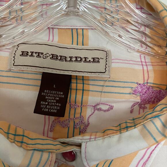 BIT & BRIDLE Women's L  Plaid Embroidered Pearl Snap Shirt Cowgirl Rodeo Western - Picture 4 of 9